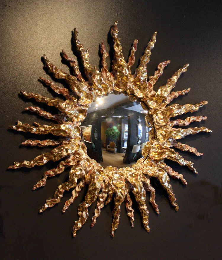 Gilded & White Slip Ceramic Sunburst Mirror — Gerald Bland